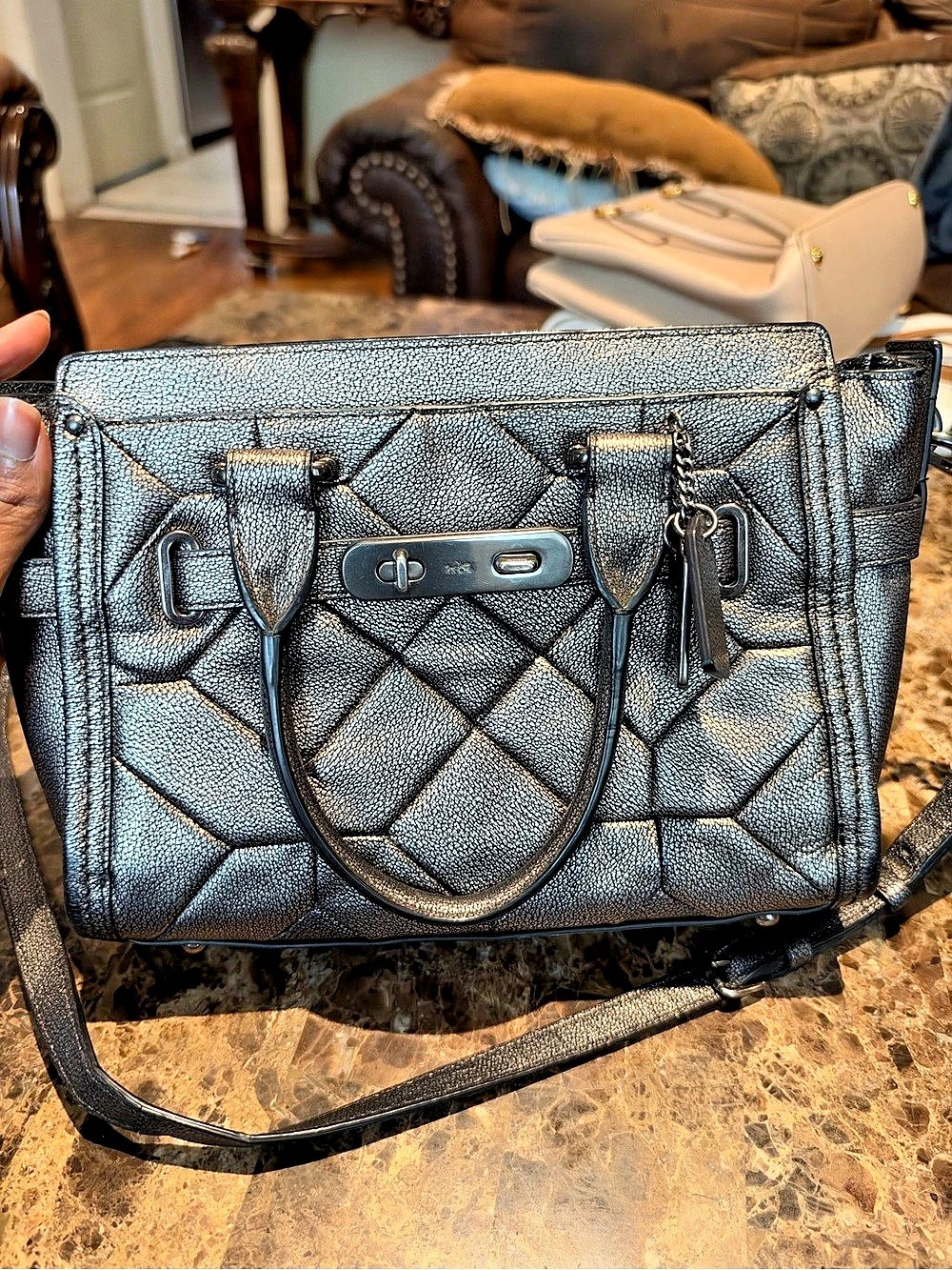 Coach Quilted Swagger 27 Satchel Shoulder Bag in Black